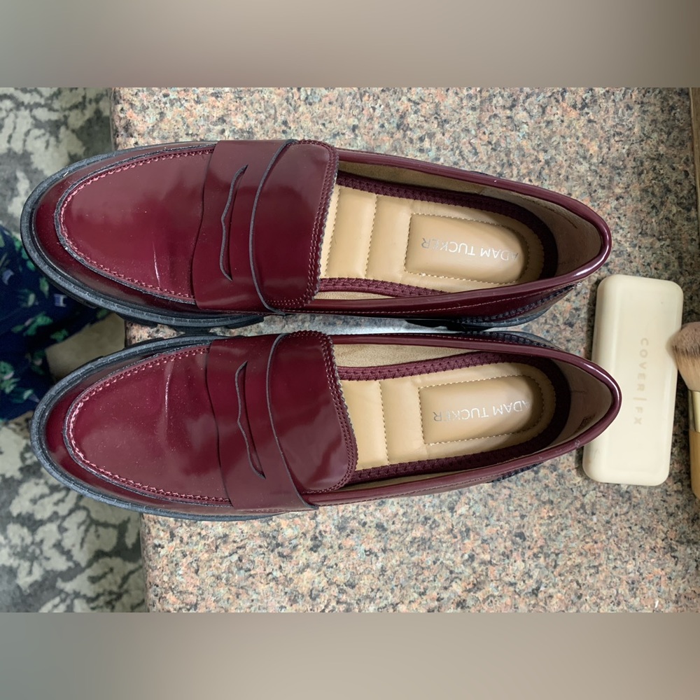 Adam Tucker Maroon Patent Penny Loafers with Black Sole